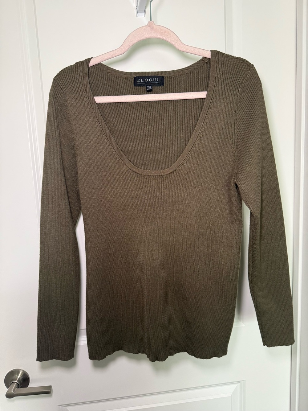 Eloquii Olive Scoop Neck Ribbed Long-Sleeve Top Size 18/20